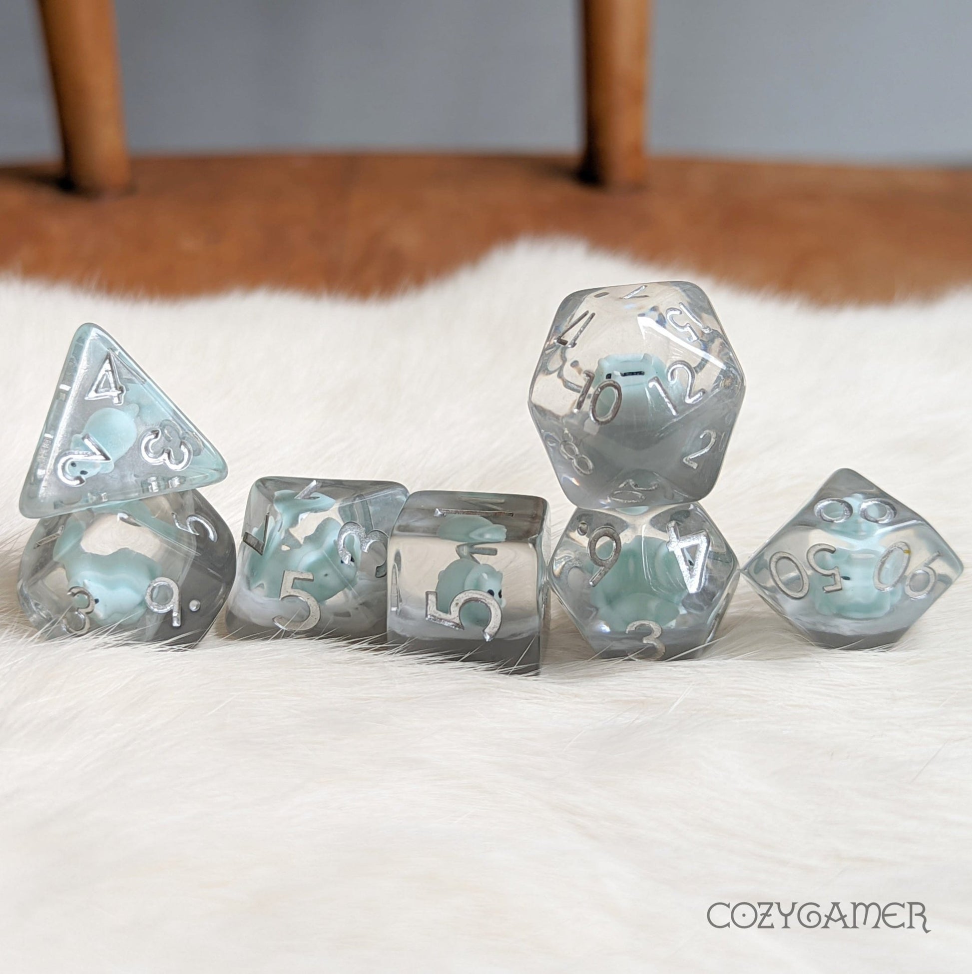 Triceratops Dinosaur Dice Set – 7 - Piece Clear Tiny Dino Animal DnD Dice - Fennek and Finch