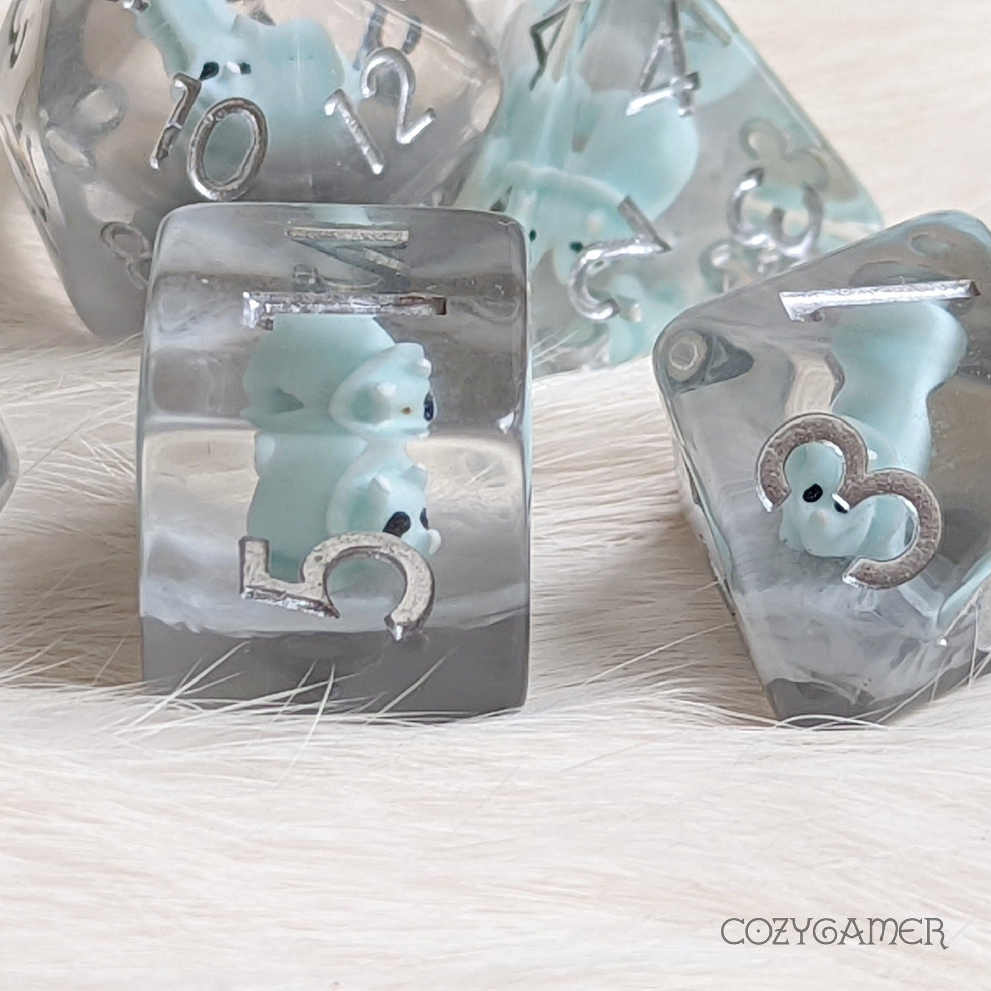 Triceratops Dinosaur Dice Set – 7 - Piece Clear Tiny Dino Animal DnD Dice - Fennek and Finch