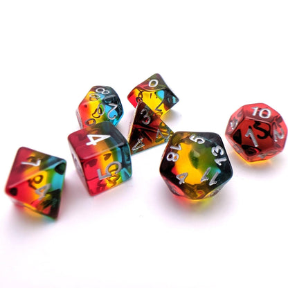 Tropicool Dice Set – 7 - Piece Blue Green Yellow Red Layered Transparent Resin DnD - Fennek and Finch
