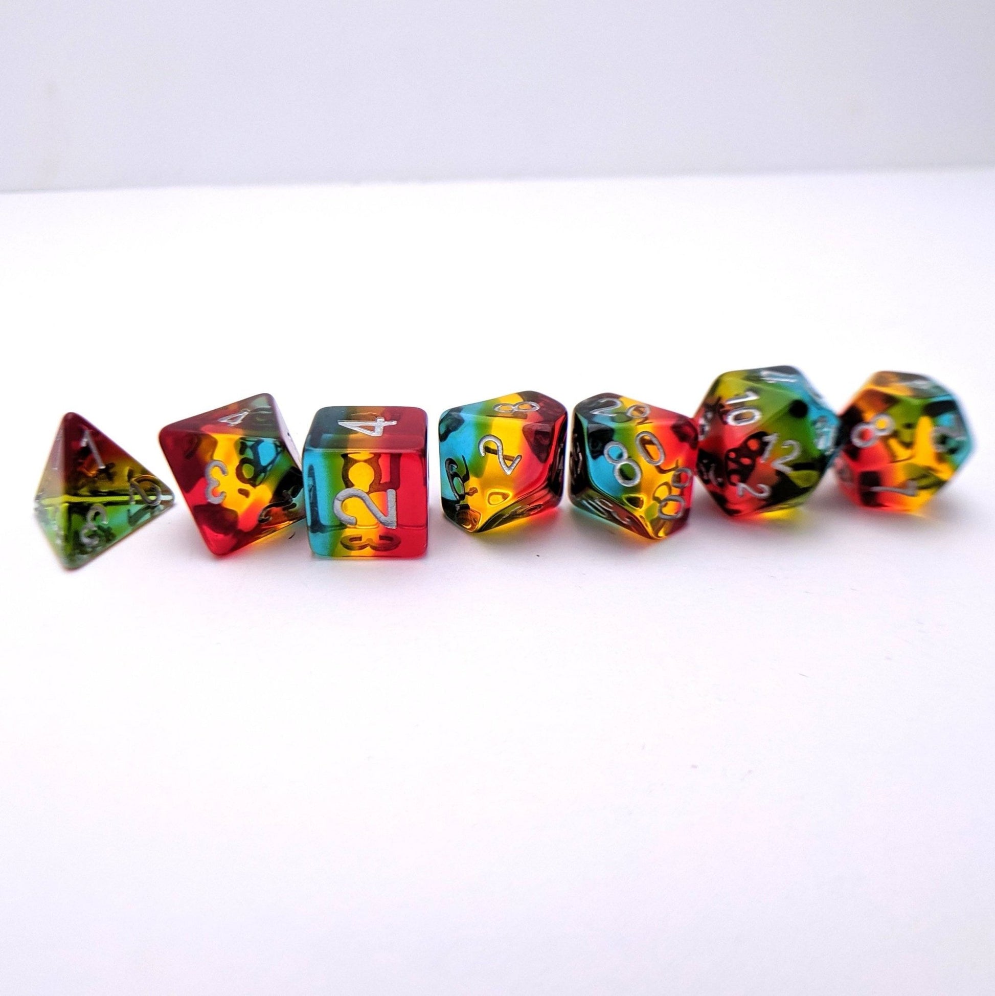 Tropicool Dice Set – 7 - Piece Blue Green Yellow Red Layered Transparent Resin DnD - Fennek and Finch