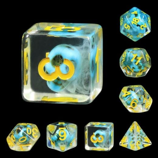 Turquoise Treasure Skull Dice Set. Blue skull bead in clear resin with white smoke