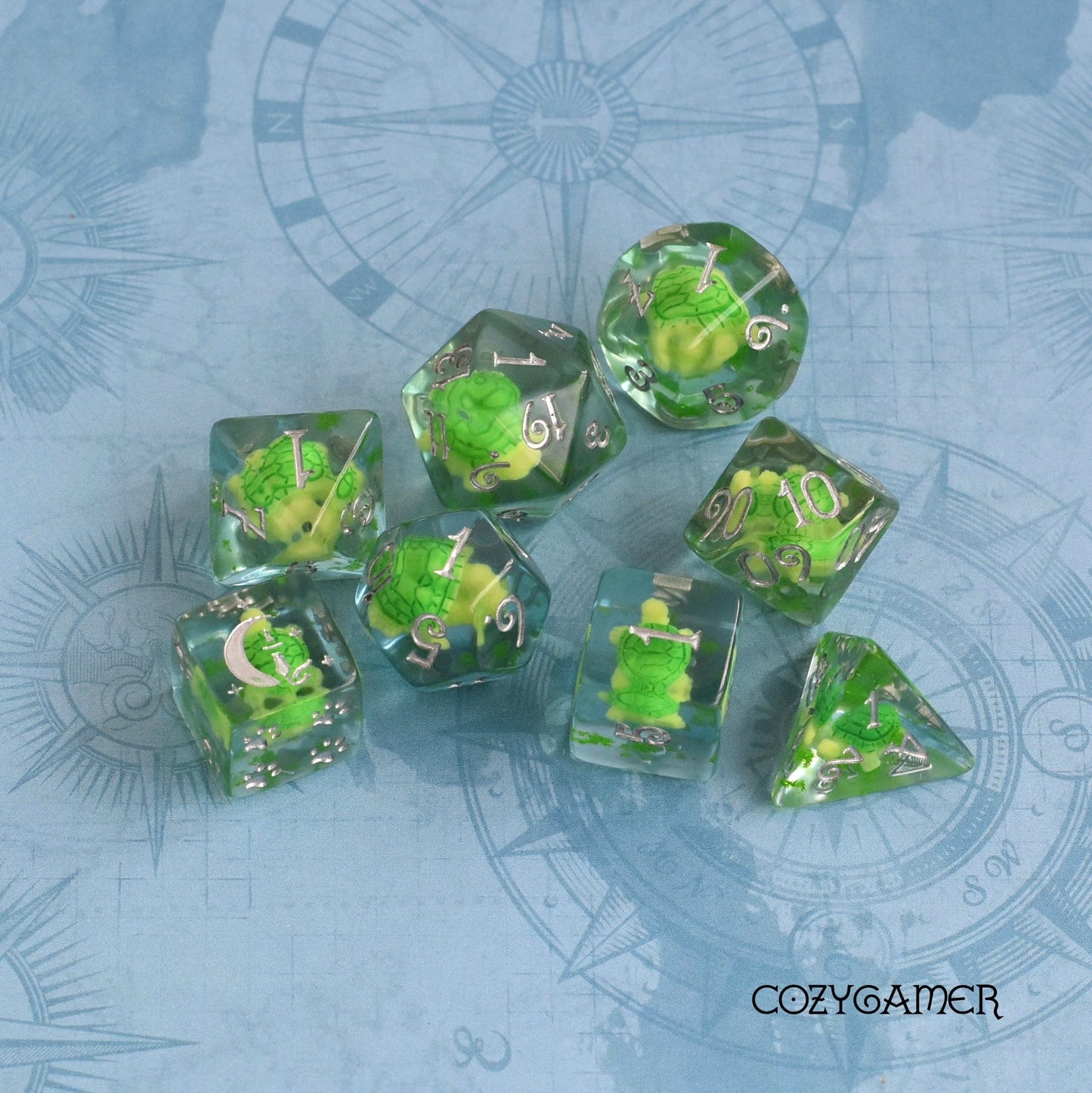 Turtle Dice Set with green turtle and water moss design, 8-piece polyhedral DnD dice featuring custom symbols and paw counters.