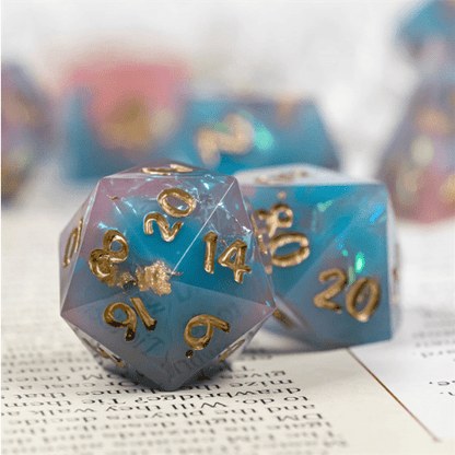 Twilight Elegance Dice Set – Mauve & Blue Sharp Edge with Glitter & Gold Foil - Fennek and Finch
