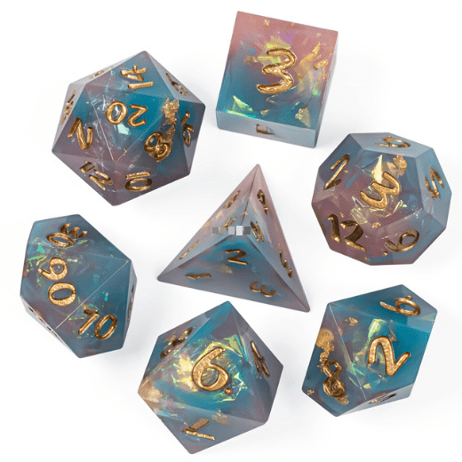 Twilight Elegance Dice Set – Mauve & Blue Sharp Edge with Glitter & Gold Foil - Fennek and Finch
