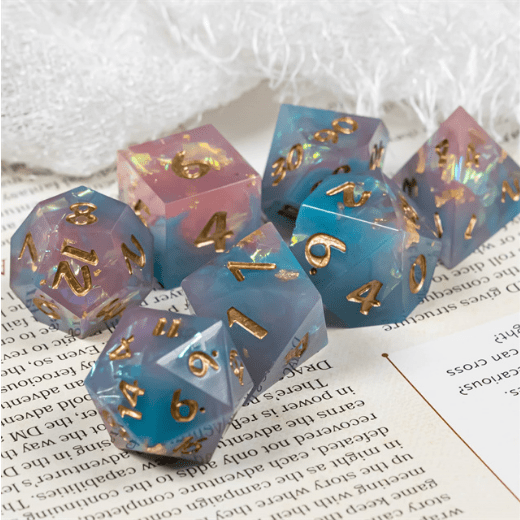 Twilight Elegance Dice Set – Mauve & Blue Sharp Edge with Glitter & Gold Foil - Fennek and Finch