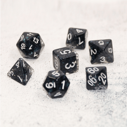 Twinkle Star Dice Set – 7 - Piece Black Blue Glitter Clear DnD Dice - Fennek and Finch