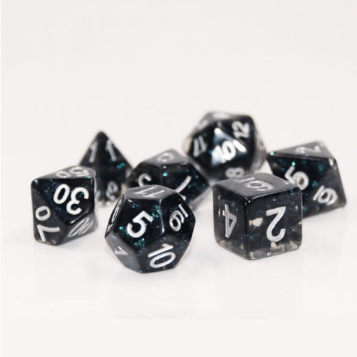 Twinkle Star Dice Set – 7 - Piece Black Blue Glitter Clear DnD Dice - Fennek and Finch