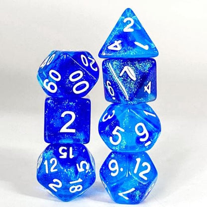 Two Blues Will O Wisp Dice Set – 7 - Piece Ghostly Light DnD Dice - Fennek and Finch