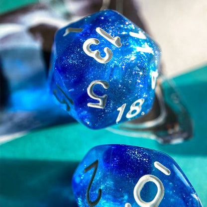 Two Blues Will O Wisp Dice Set – 7 - Piece Ghostly Light DnD Dice - Fennek and Finch