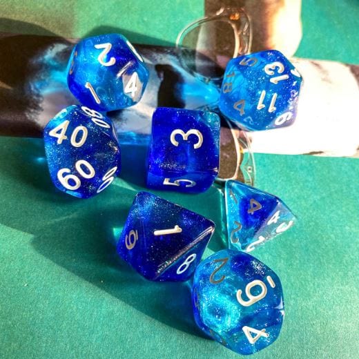 Two Blues Will O Wisp Dice Set – 7 - Piece Ghostly Light DnD Dice - Fennek and Finch