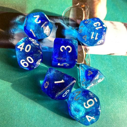 Two Blues Will O Wisp Dice Set – 7 - Piece Ghostly Light DnD Dice - Fennek and Finch