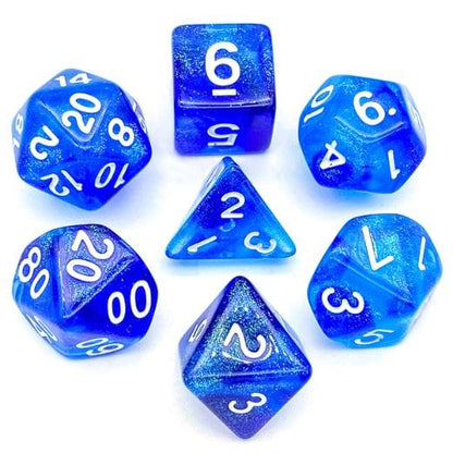 Two Blues Will O Wisp Dice Set – 7 - Piece Ghostly Light DnD Dice - Fennek and Finch