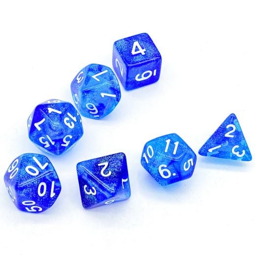 Two Blues Will O Wisp Dice Set – 7 - Piece Ghostly Light DnD Dice - Fennek and Finch