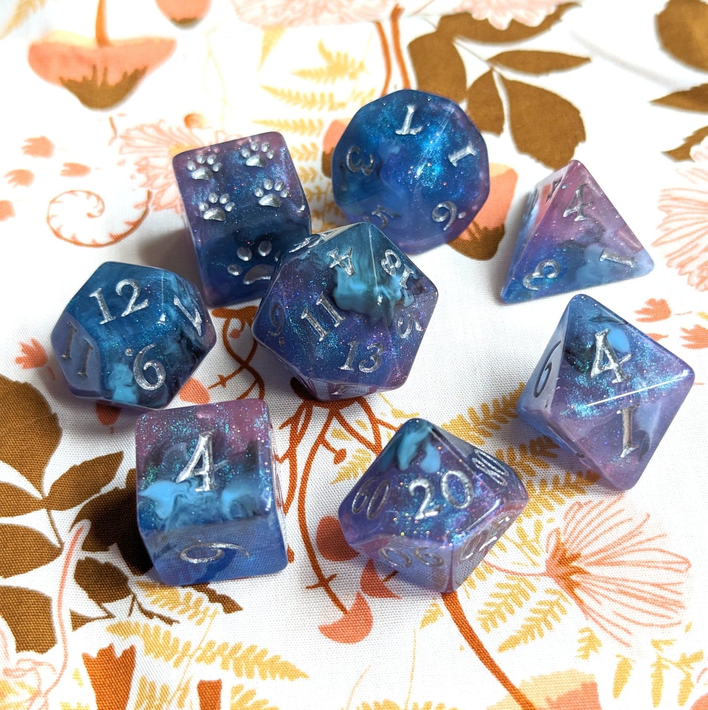 Unending Breath Dice Set – 8 - Piece Blue Purple Micro Shimmer Vapor Genasi Paw - Fennek and Finch