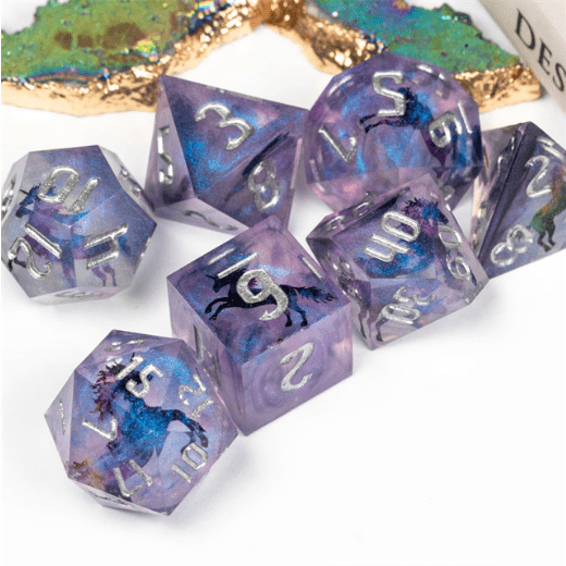 Unicorn Sharp Edge Resin Dice Set. 7 Piece DND dice set Dice Sets & Games Fennek and Finch