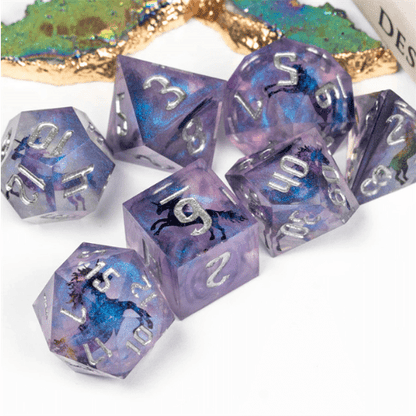 Unicorn Sharp Edge Resin Dice Set. 7 Piece DND dice set Dice Sets & Games Fennek and Finch