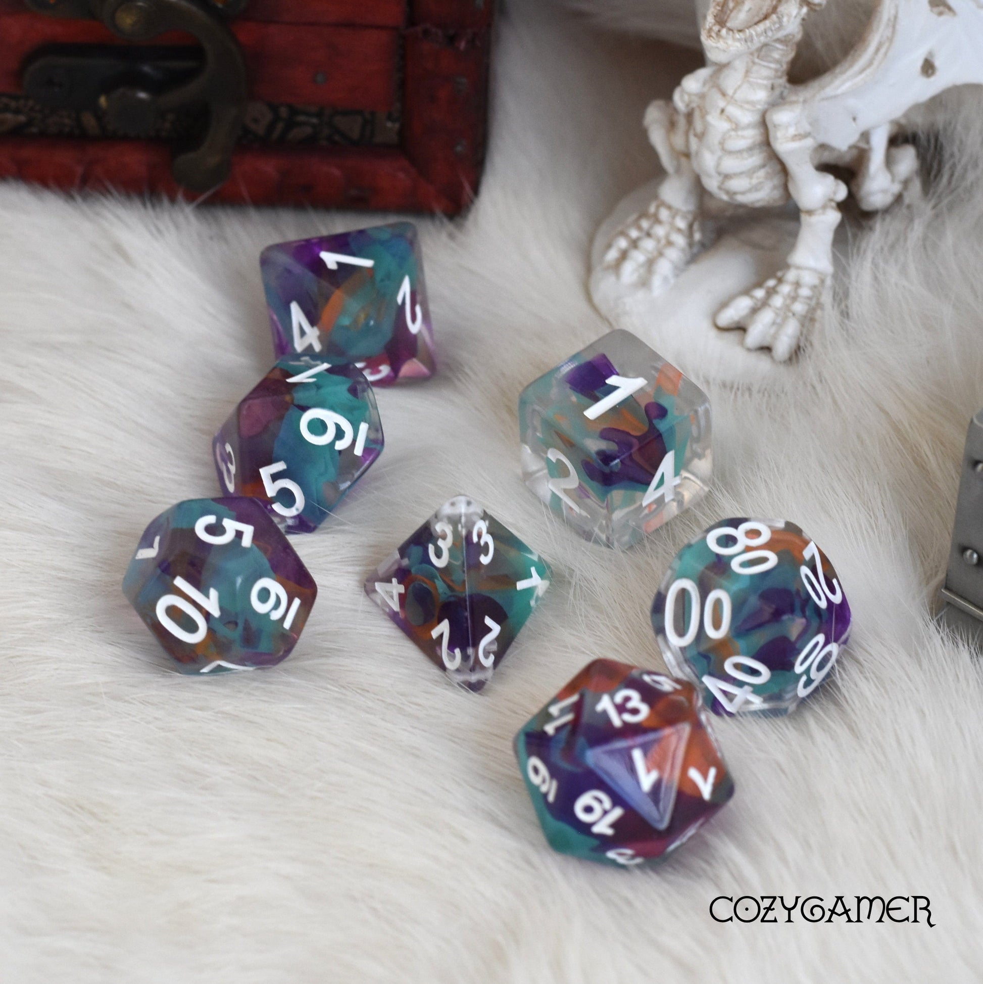 Unknown Lands Dice Set. Clear Resin with Colorful Shavings