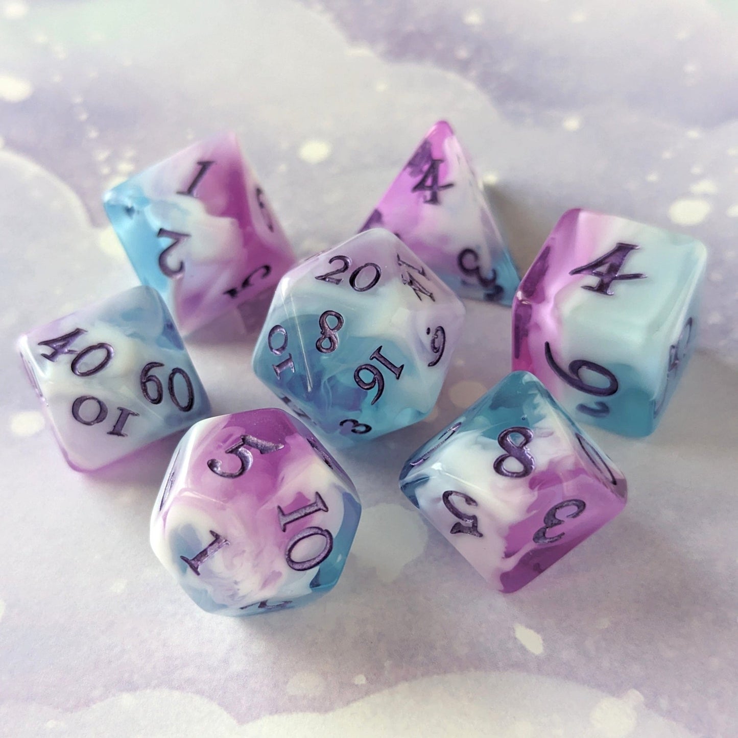 Vale of Dreams Dice Set – 7 or 11-Piece Blue Purple Marbled DnD Dice | Fennek & Finch Dice Sets & Games Fennek and Finch