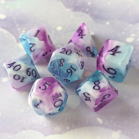 Vale of Dreams Dice Set – 7 or 11 - Piece Blue Purple Marbled DnD Dice | Fennek & Finch - Fennek and Finch