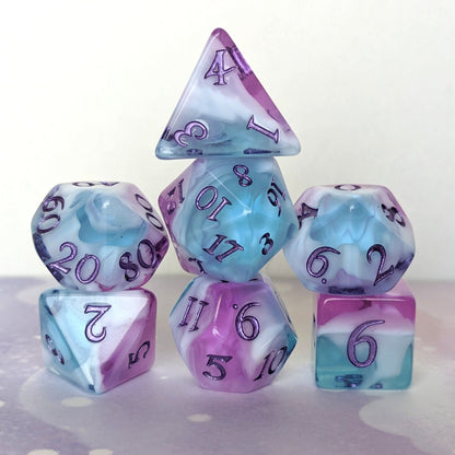 Vale of Dreams Dice Set – 7 or 11-Piece Blue Purple Marbled DnD Dice | Fennek & Finch Dice Sets & Games Fennek and Finch