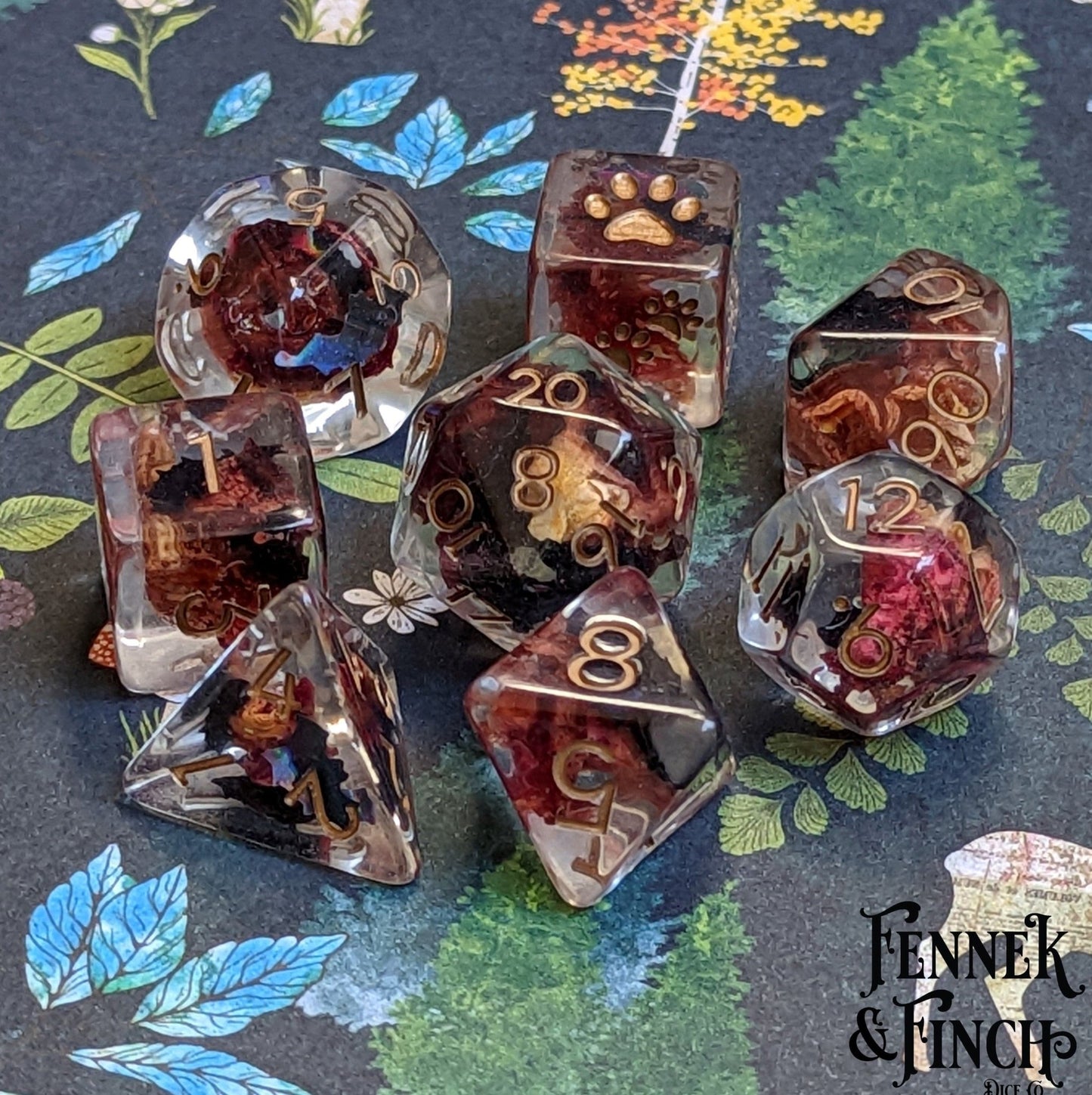Vampire Romance Dice Set – 8-Piece with Real Rose Petals & Bats | Fennek & Finch Dice sets Fennek and Finch