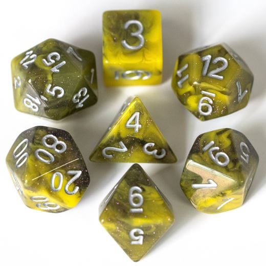 Venom Dice Set in yellow and grey, 7-piece polyhedral acrylic dice for tabletop RPGs like Dungeons & Dragons, TTRPG accessory.