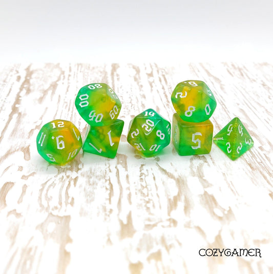 Verdant Oasis Dice Set – 7 - Piece Marbled Green Shimmer DnD Dice - Fennek and Finch