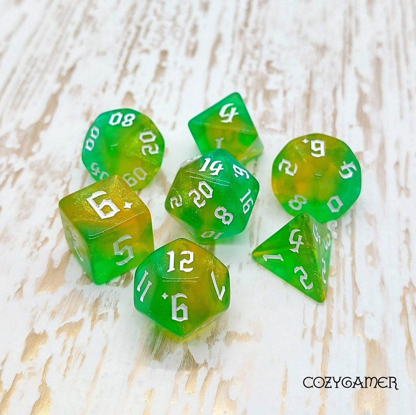 Verdant Oasis Dice Set – 7 - Piece Marbled Green Shimmer DnD Dice - Fennek and Finch