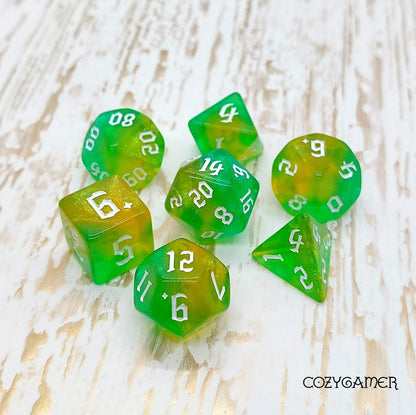 Verdant Oasis Dice Set – 7 - Piece Marbled Green Shimmer DnD Dice - Fennek and Finch