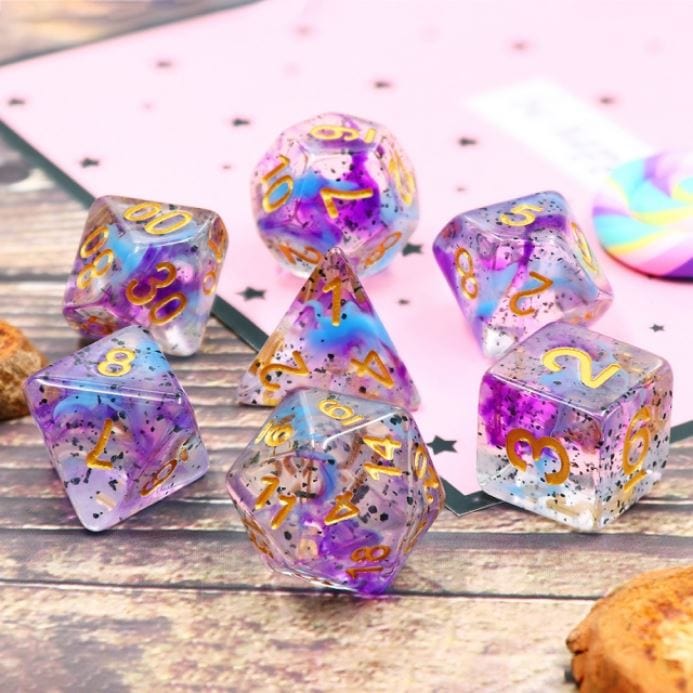 Violet Sulfur Dice Set. Blue and Purple Dice Set with Black Particles