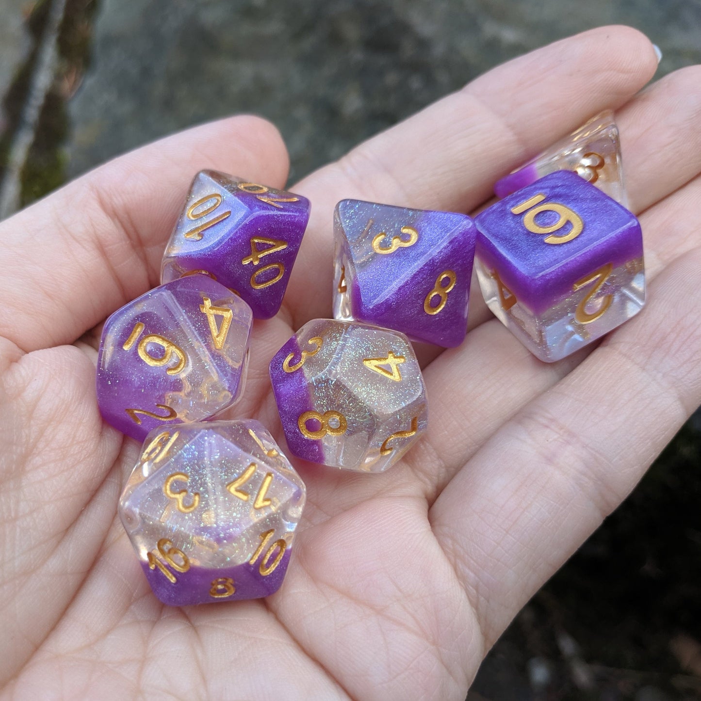 Violet Sunset DnD Dice Set, Shimmering Translucent Glitter Dice with a Purple Bottom Layer - CozyGamer