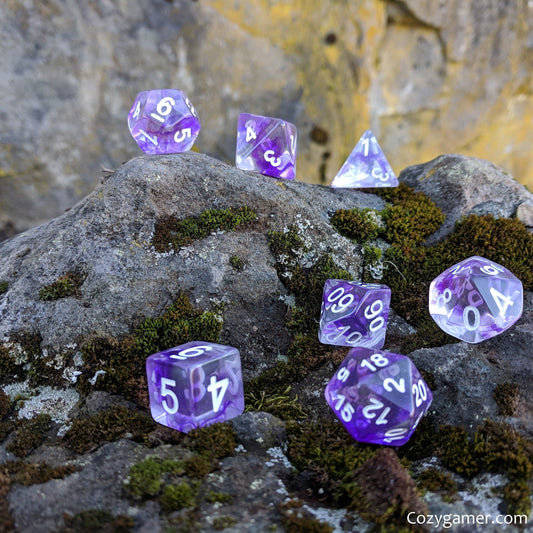 Violiscious Dice Set – 7 - Piece Clear Purple Ink Swirls Polyhedral DnD Dice - Fennek and Finch