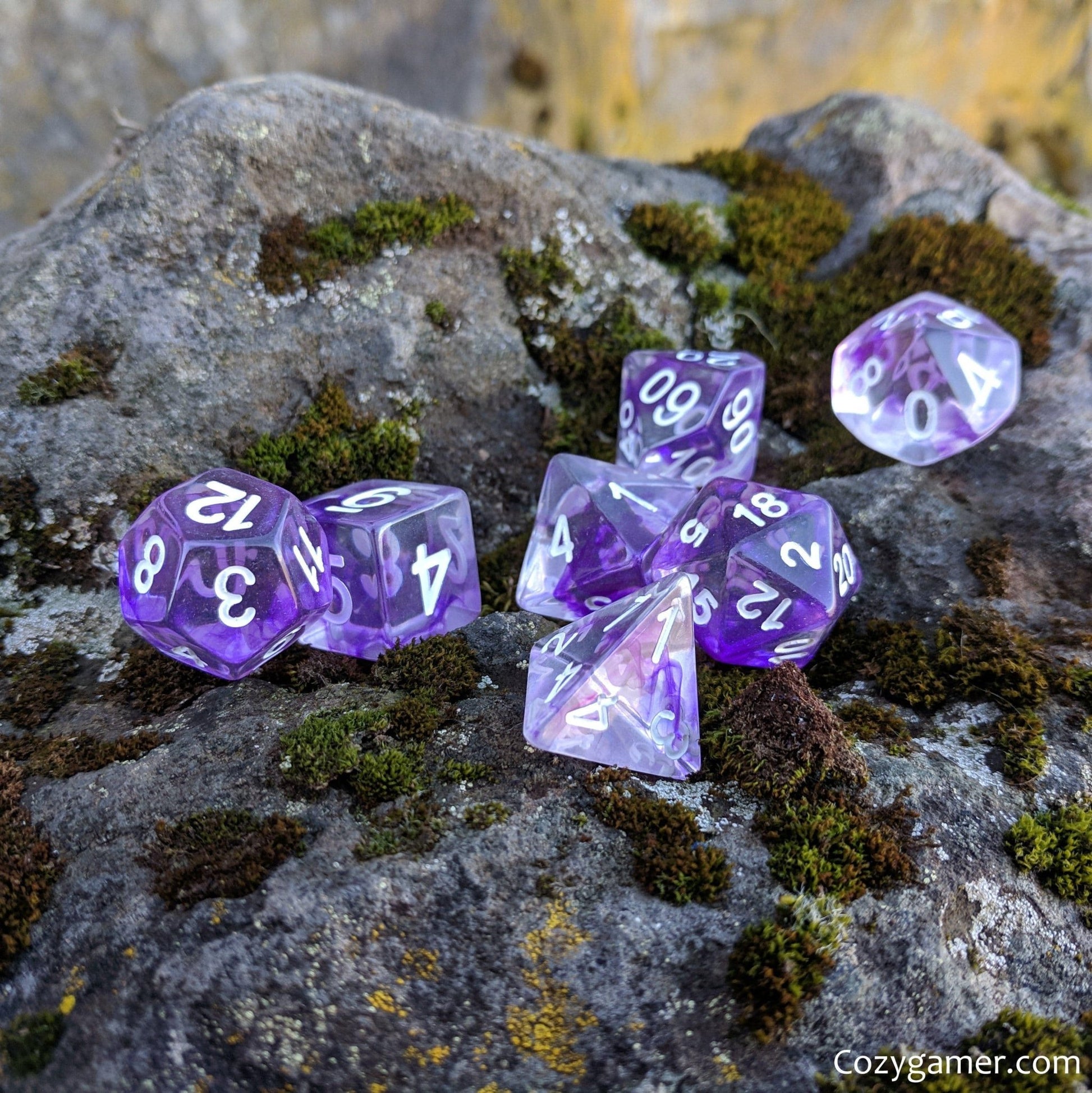 Violiscious Dice Set – 7-Piece Clear Purple Ink Swirls Polyhedral DnD Dice Dice sets Fennek and Finch