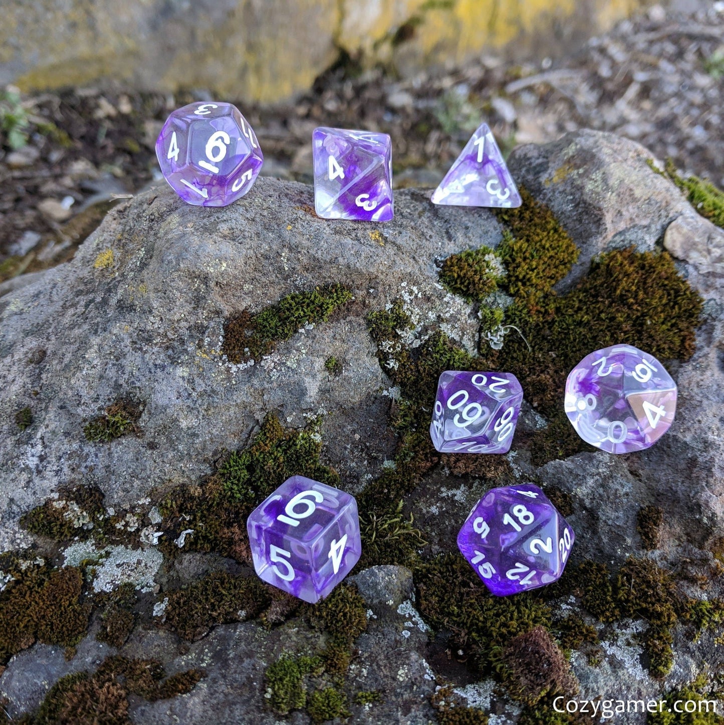 Violiscious Dice Set – 7-Piece Clear Purple Ink Swirls Polyhedral DnD Dice Dice sets Fennek and Finch