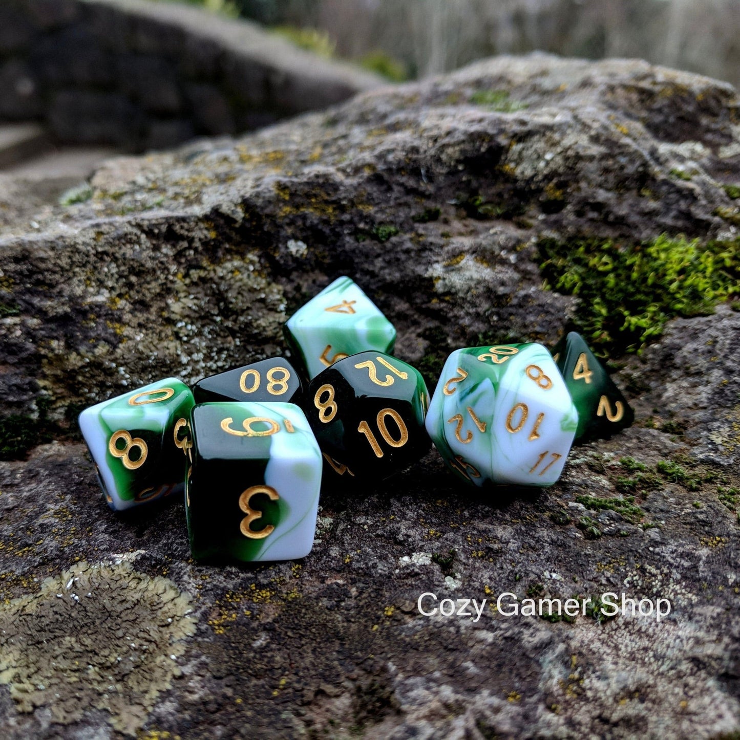 Volley Dice Set – 7-Piece Green White Marbled Polyhedral DnD Dice Dice sets Fennek and Finch