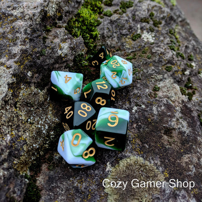 Volley Dice Set, Green and White Marbled 7 Piece D&D Dice Set - CozyGamer