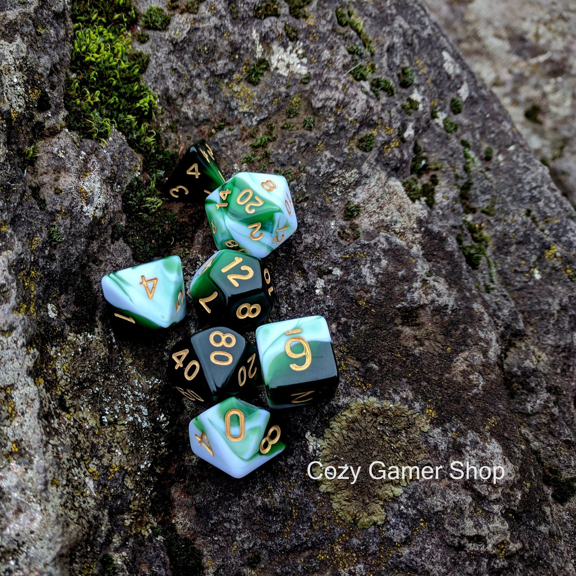 Volley Dice Set, Green and White Marbled 7 Piece D&D Dice Set - CozyGamer