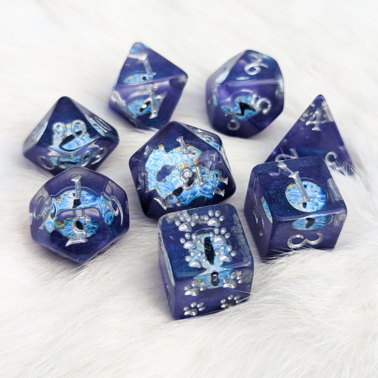 Wall of Eyes Dice Set – 8 - Piece Blue Eye DnD Dice with Paw D6 | Fennek & Finch - Fennek and Finch