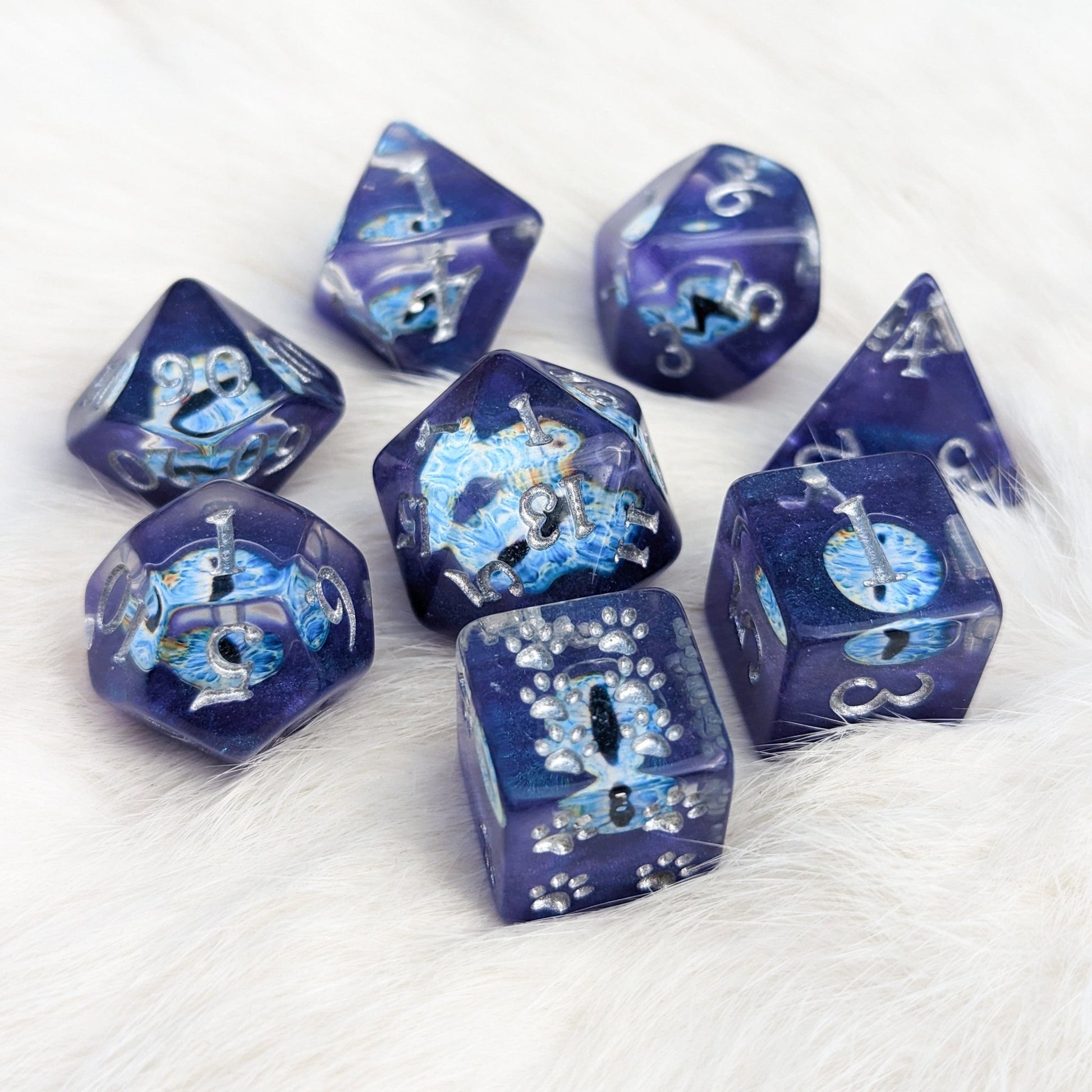Wall of Eyes Dice Set – 8 - Piece Blue Eye DnD Dice with Paw D6 | Fennek & Finch - Fennek and Finch