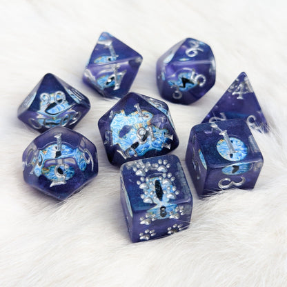 Wall of Eyes Dice Set – 8 - Piece Blue Eye DnD Dice with Paw D6 | Fennek & Finch - Fennek and Finch