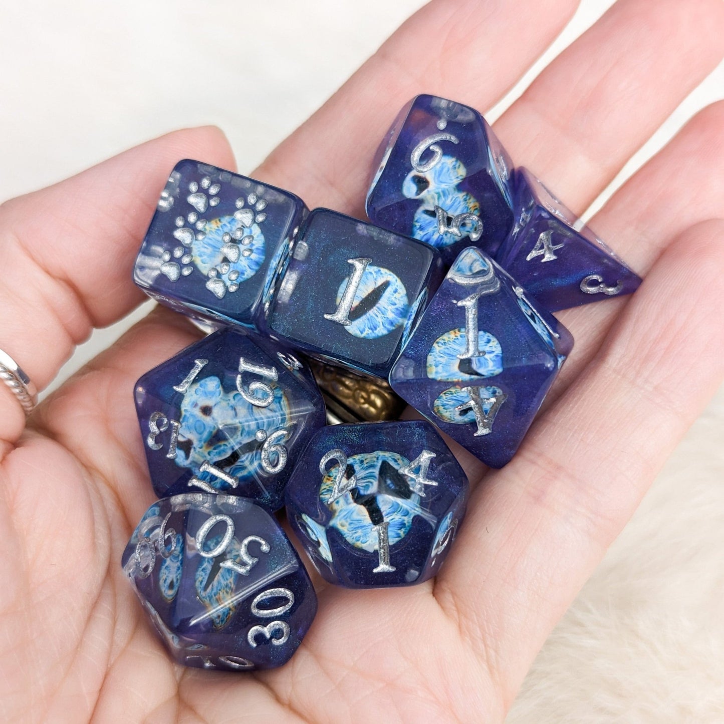 Wall of Eyes Dice Set – 8 - Piece Blue Eye DnD Dice with Paw D6 | Fennek & Finch - Fennek and Finch
