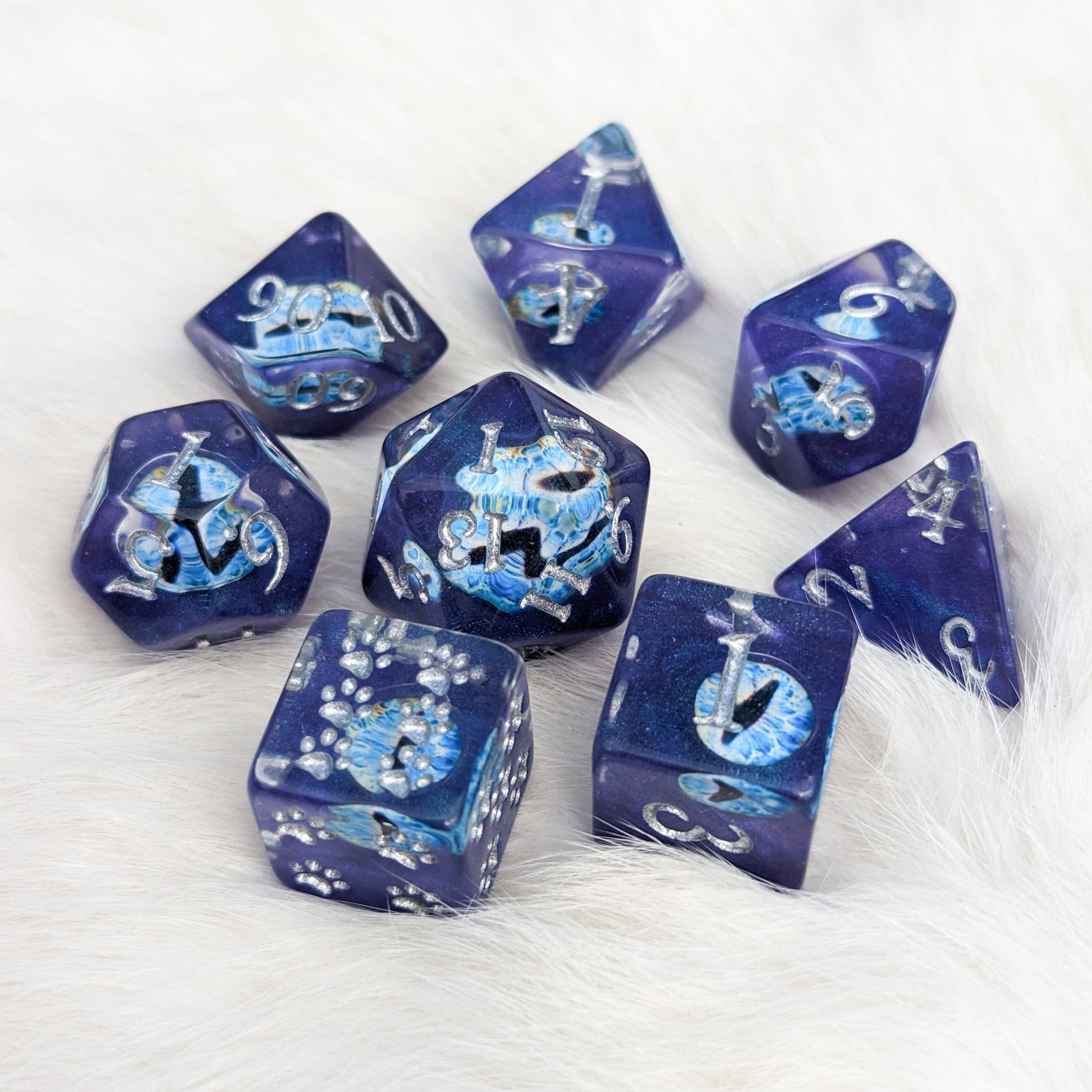 Wall of Eyes Dice Set – 8 - Piece Blue Eye DnD Dice with Paw D6 | Fennek & Finch - Fennek and Finch