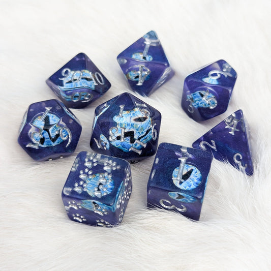 Wall of Eyes Dice Set – 8 - Piece Blue Eye DnD Dice with Paw D6 | Fennek & Finch - Fennek and Finch