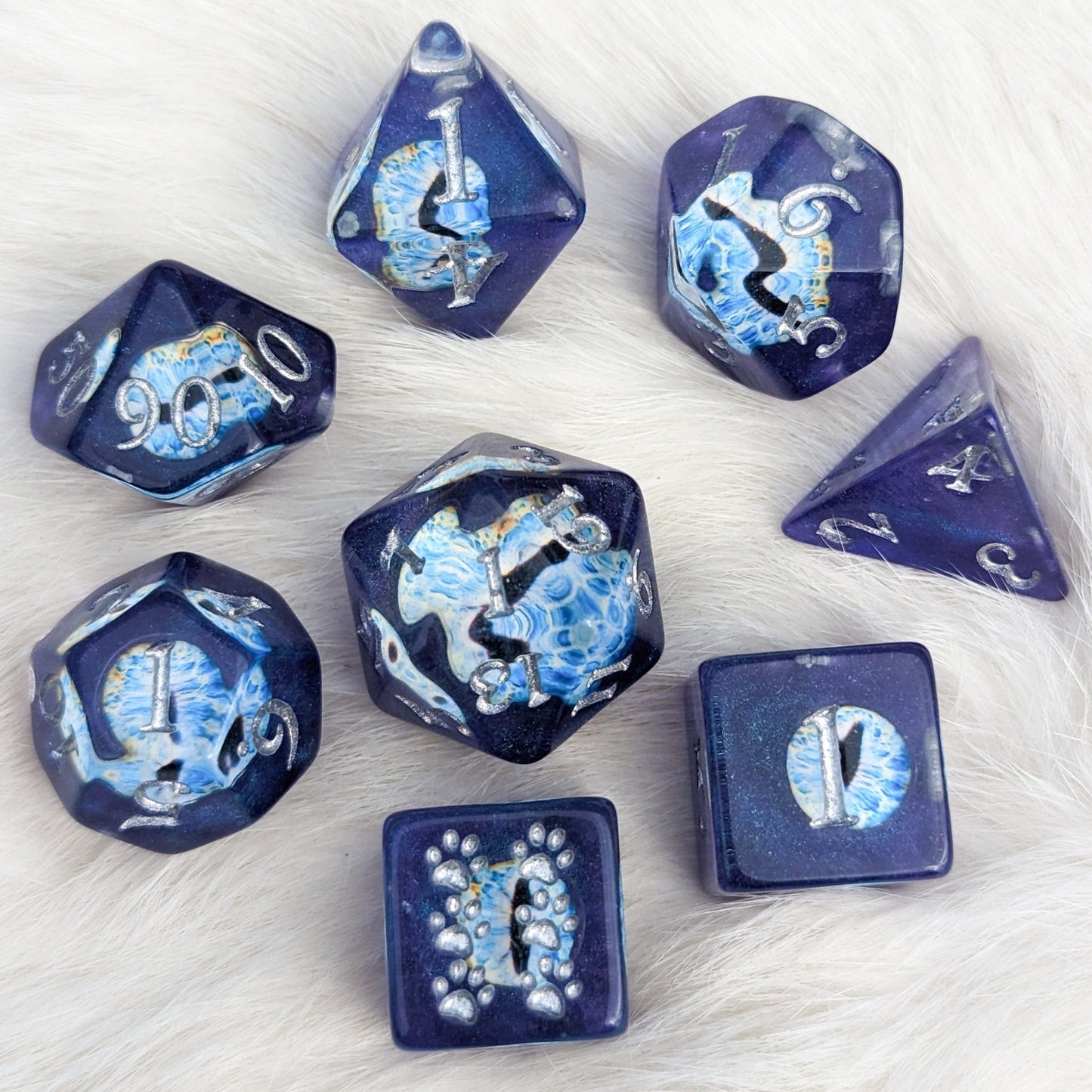 Wall of Eyes Dice Set – 8 - Piece Blue Eye DnD Dice with Paw D6 | Fennek & Finch - Fennek and Finch