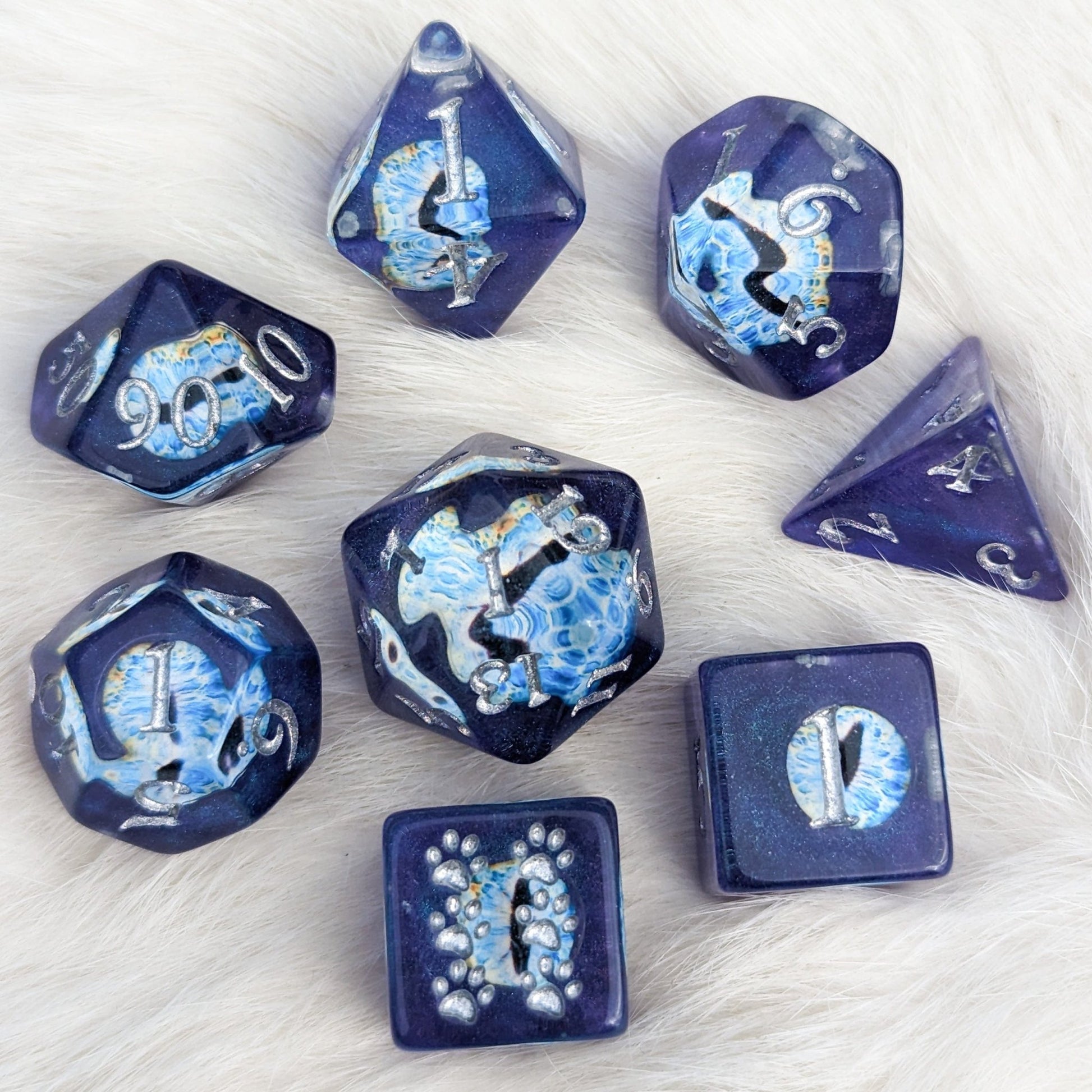 Wall of Eyes Dice Set – 8 - Piece Blue Eye DnD Dice with Paw D6 | Fennek & Finch - Fennek and Finch