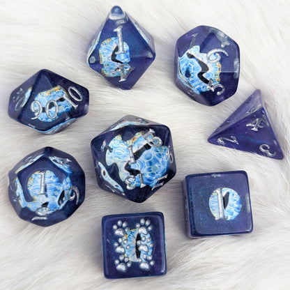 Wall of Eyes Dice Set – 8 - Piece Blue Eye DnD Dice with Paw D6 | Fennek & Finch - Fennek and Finch