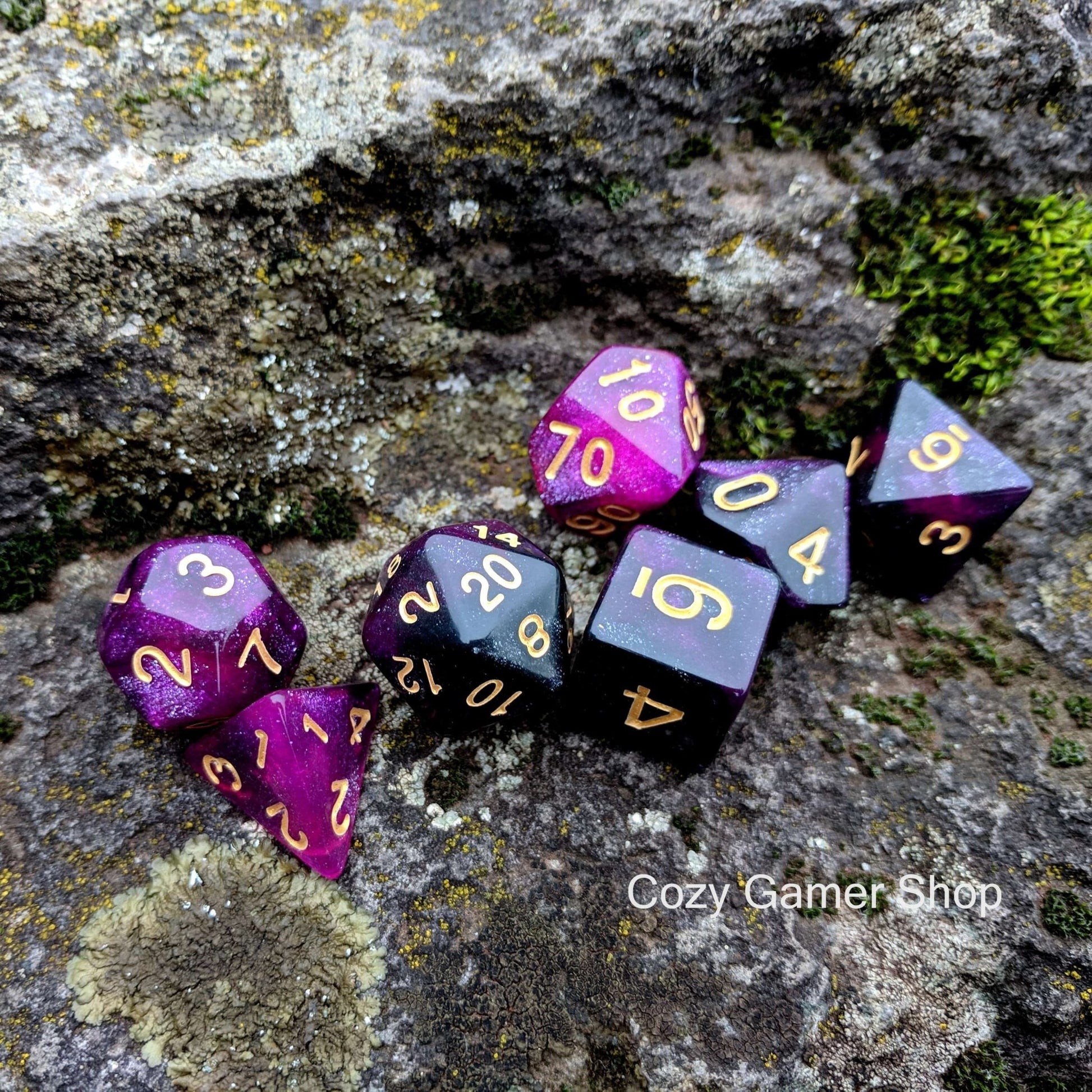 Warlock Dice Set – 7-Piece Semi-Translucent Black Purple Glitter Polyhedral Dice sets Fennek and Finch