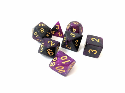Warlock Dice Set – 7-Piece Semi-Translucent Black Purple Glitter Polyhedral Dice sets Fennek and Finch