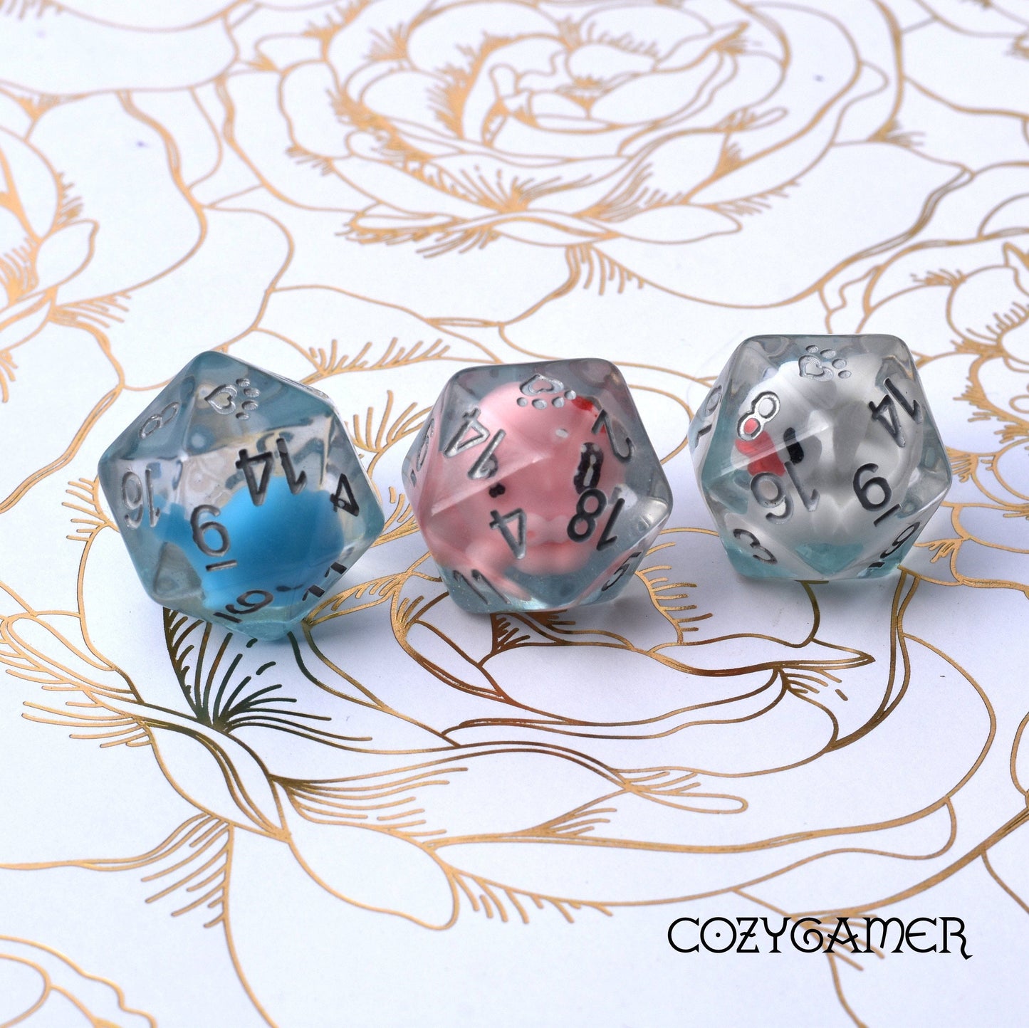Water Creatures D20s. Single Large D20 with Octopus, Whale, or White Duck