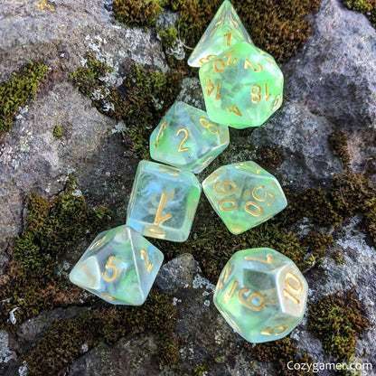 Water Serpent Dice Set – 7 - Piece Clear Emerald Azure Swirls Resin DnD Dice - Fennek and Finch